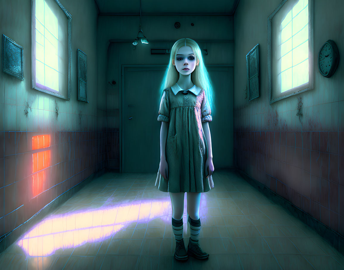 Digital artwork: Girl with glowing eyes in dimly-lit hallway