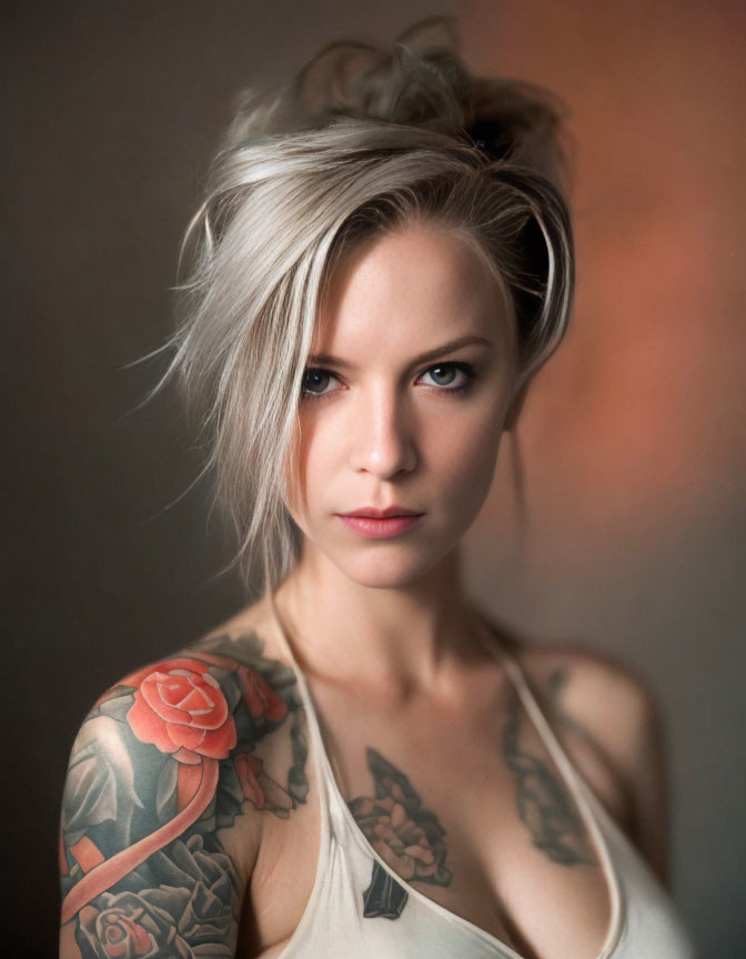 Silver-Blond Haired Woman with Tattoos Gazing at Camera