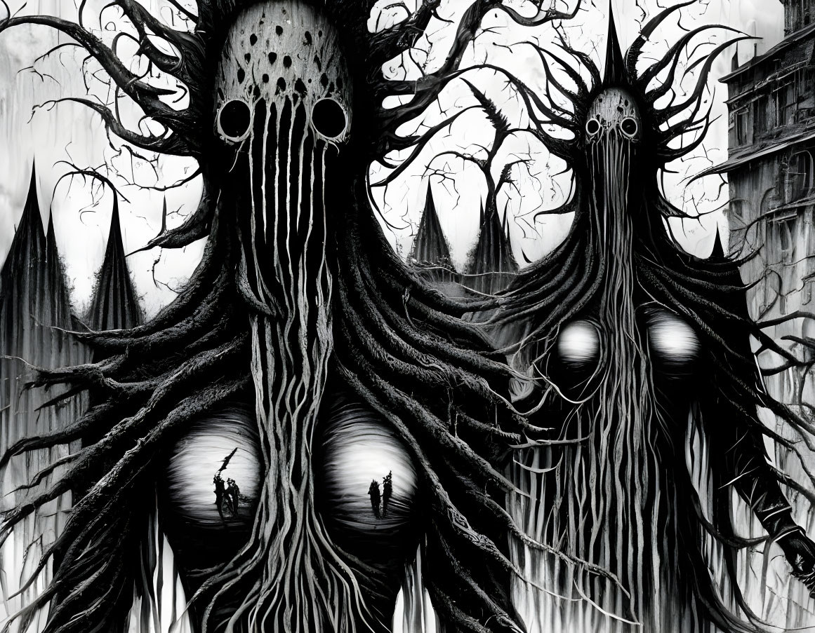 Monochrome artwork: Ominous tree-like beings in Gothic landscape