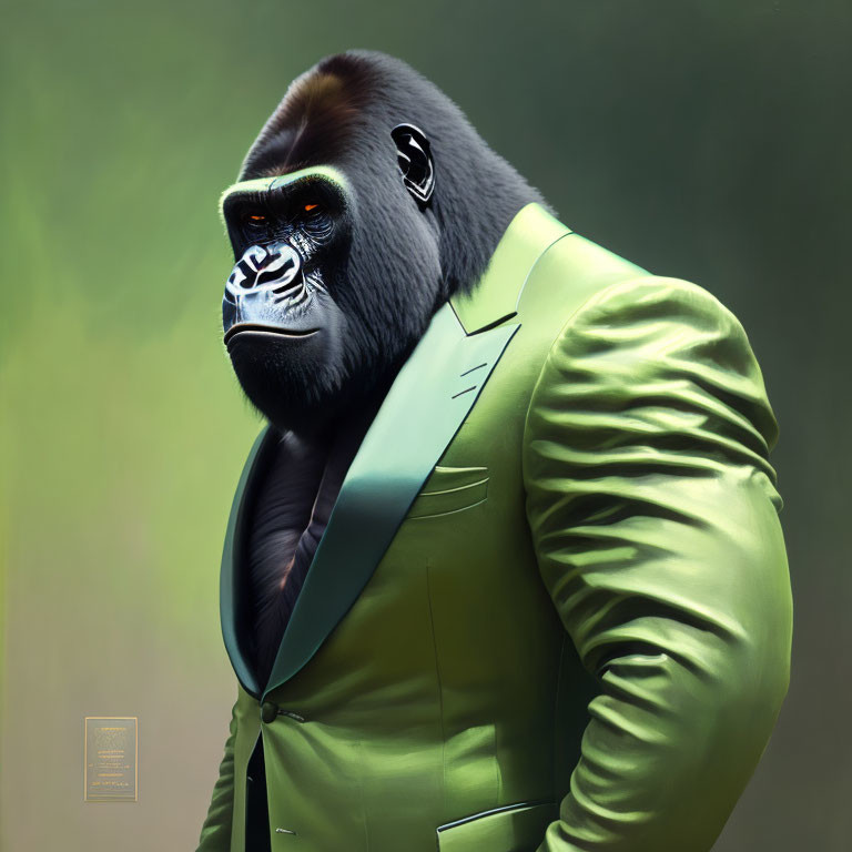 Gorilla illustration in elegant green suit and black collar