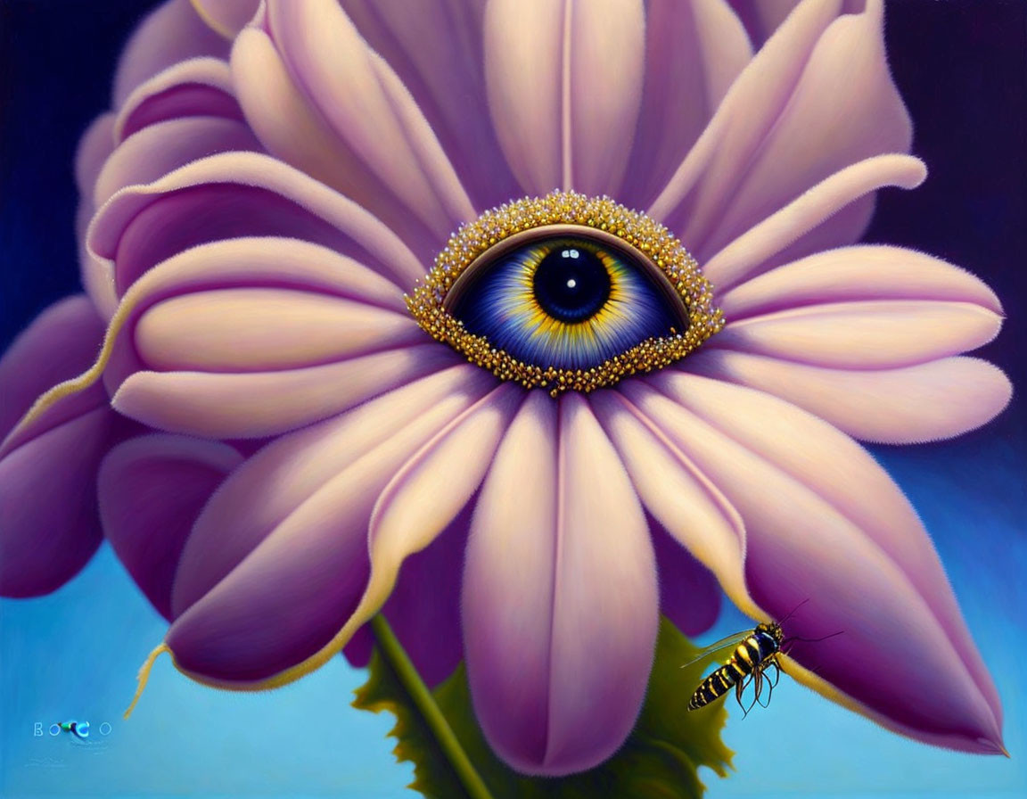 Surreal pink daisy painting with human eye, pollen, bee, and blue background