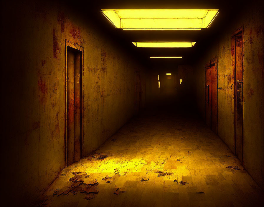 Dark corridor with yellow lighting, rusty doors, and scattered debris.