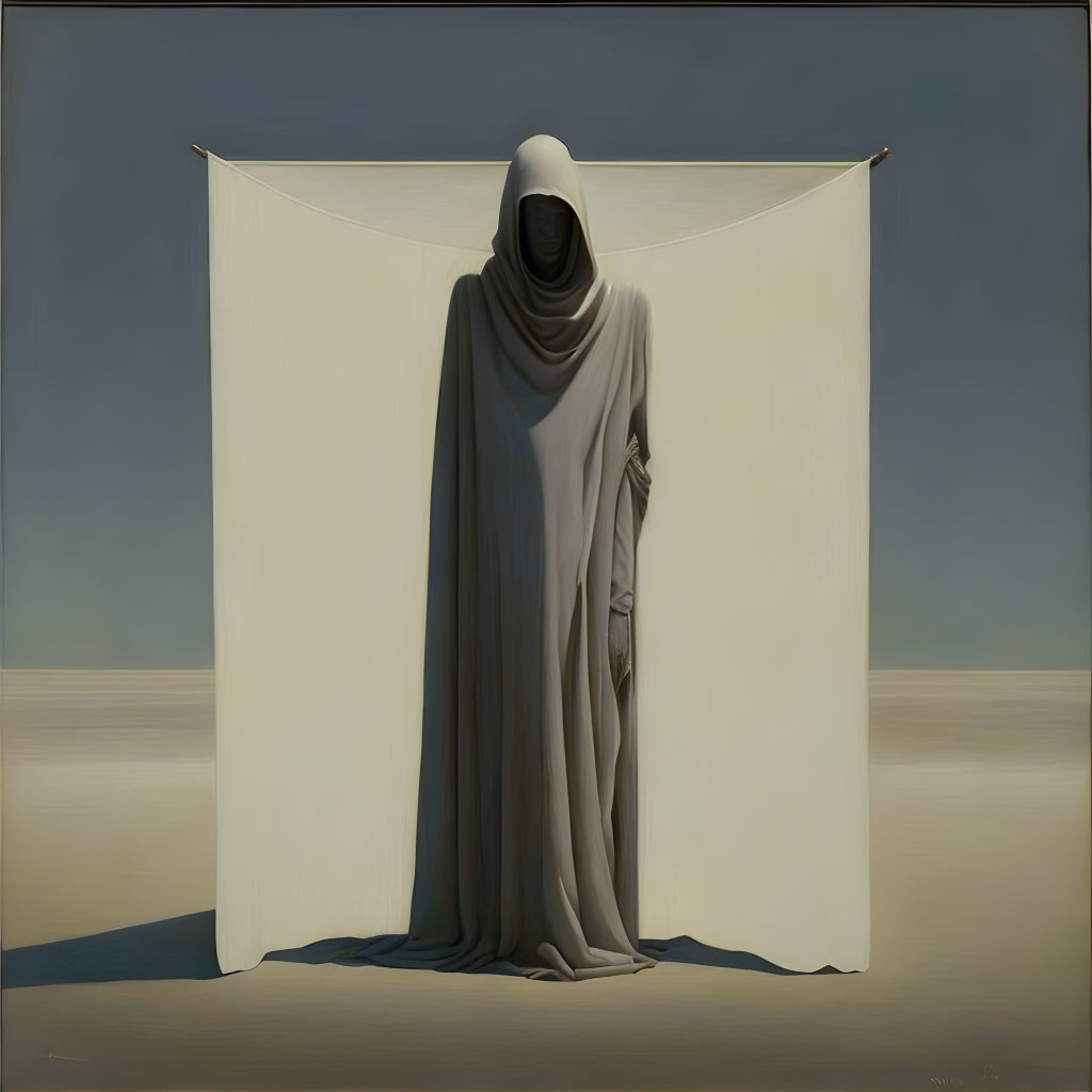 Draped Figure with Hooded Face Before Blank Canvas