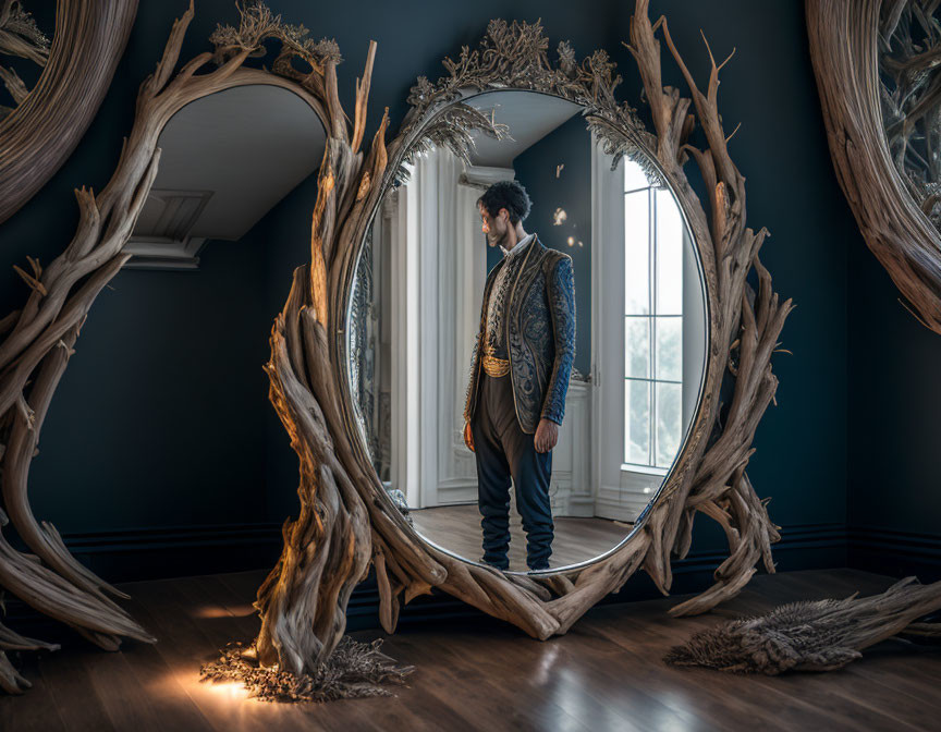 Historic costume man poses by ornate wooden frame in dark room