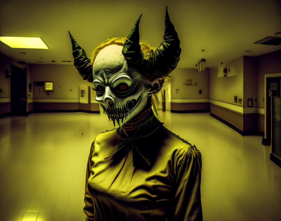 Creepy horned horror mask in dimly lit corridor