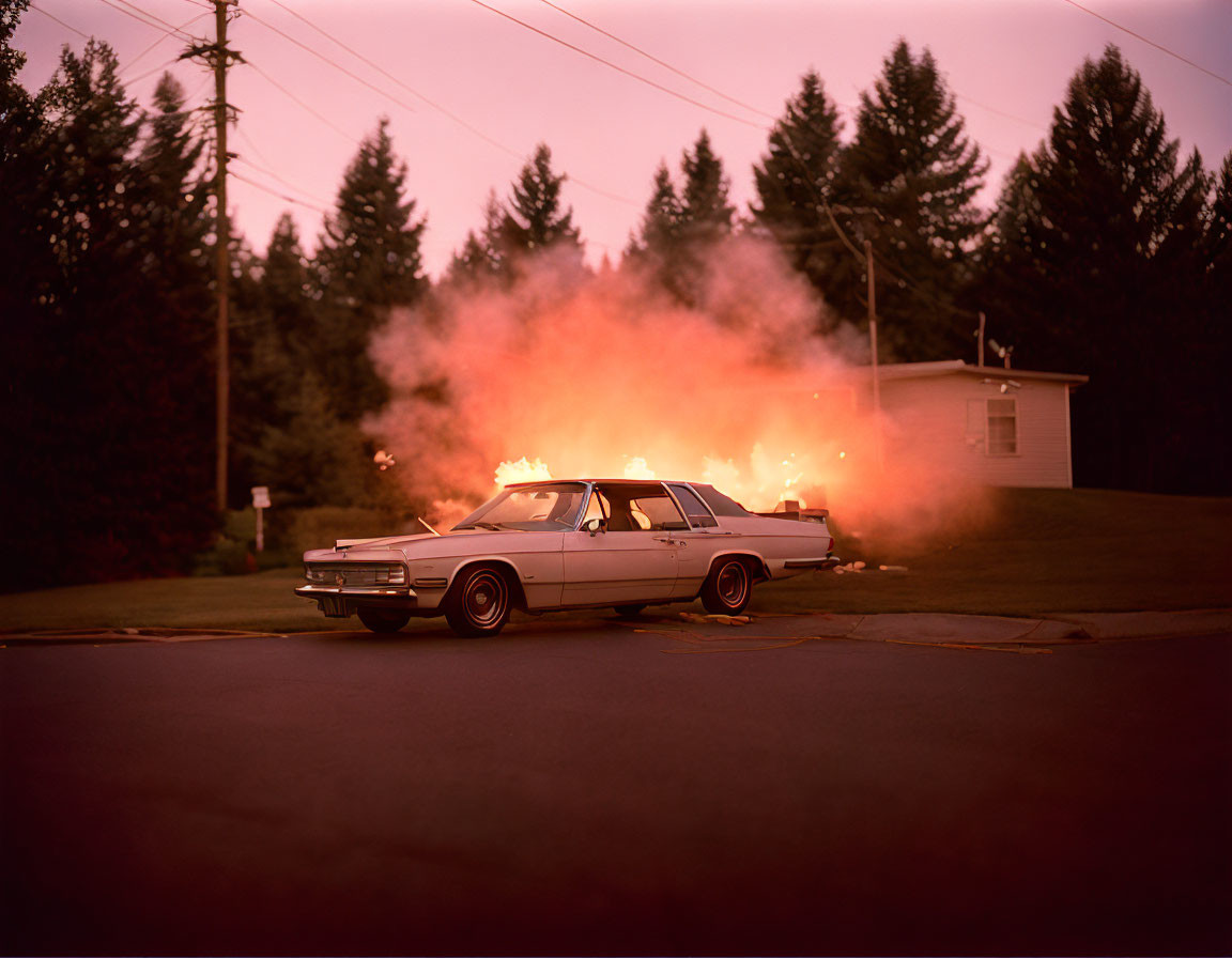 Vintage car engulfed in flames on quiet street at dusk