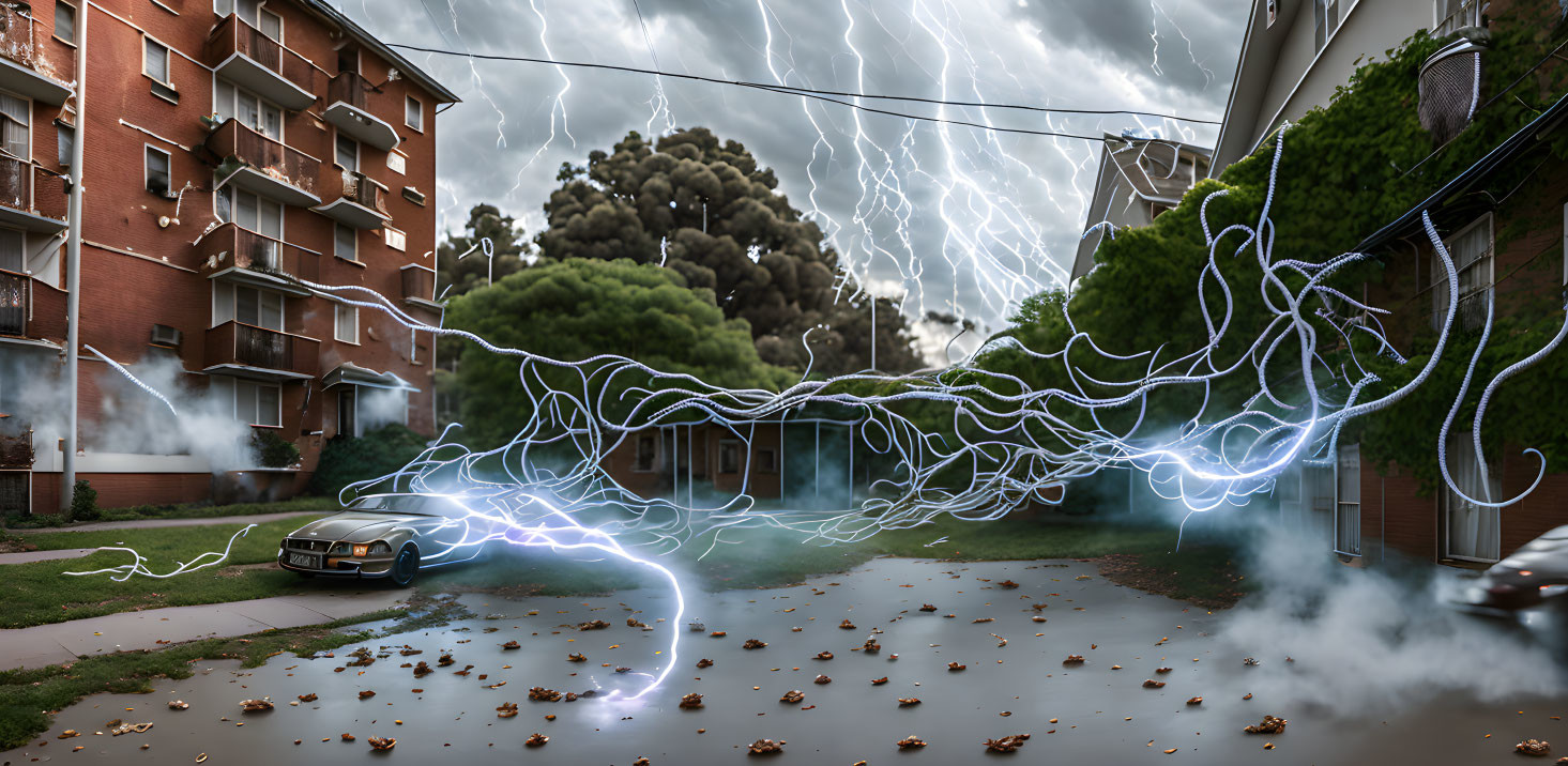 Intense lightning strikes in urban scene with car and wet street