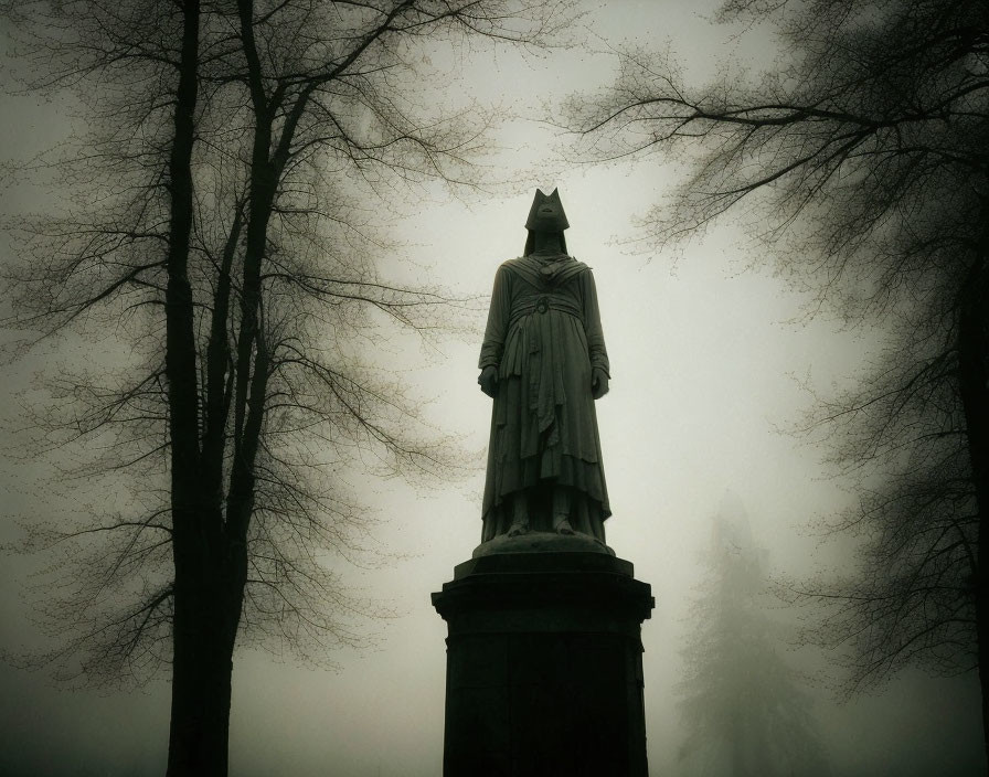 Misty statue with eerie ambiance and trees in background