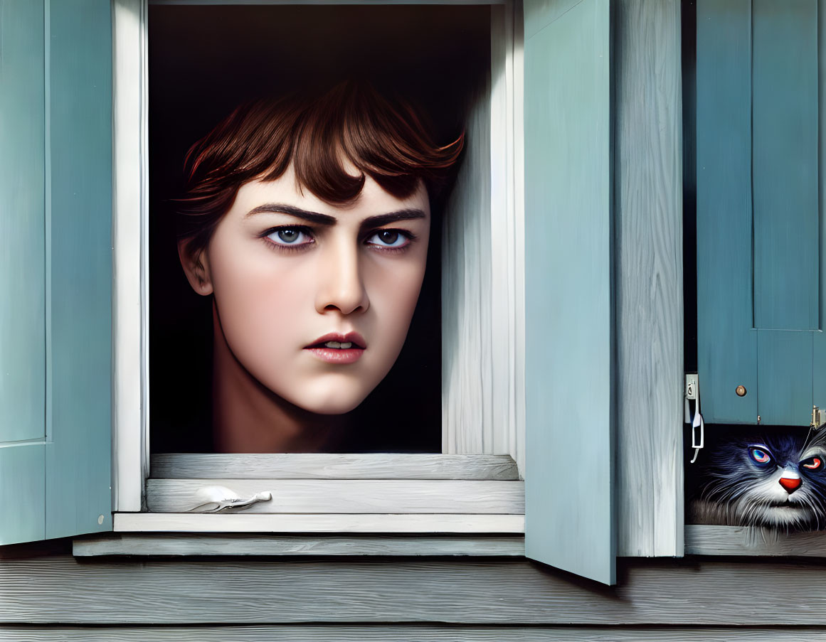 Hyper-realistic illustration of woman's face and cat by window with intense expressions