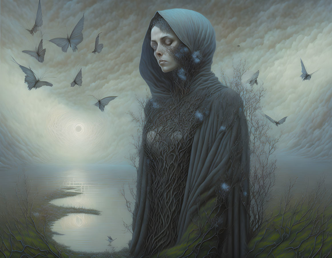 Woman in cloak by misty lake with flying butterflies under moonlit sky