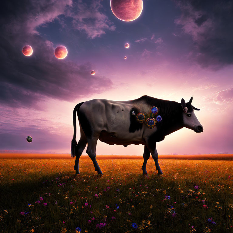 Colorful cow with circular patterns in surreal field under purple sky