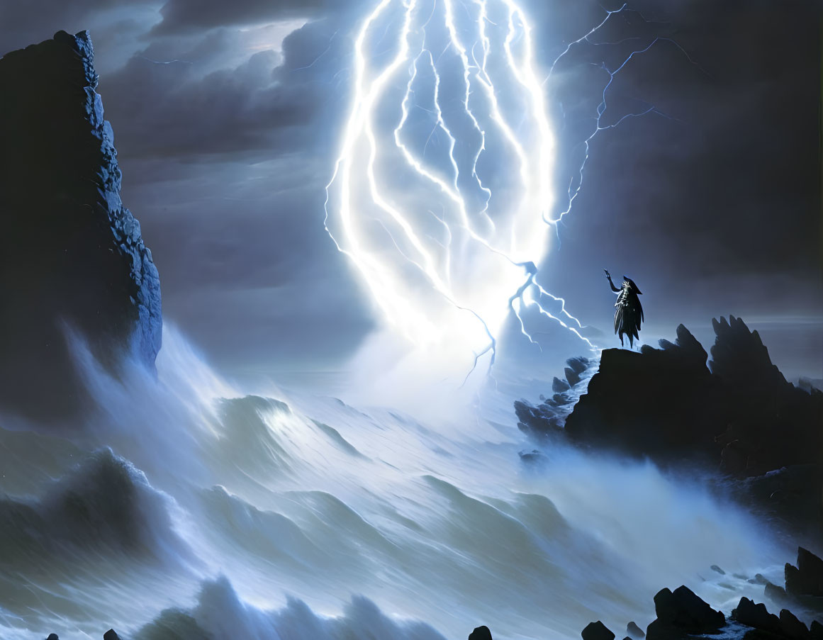 Cloaked figure on rocky outcrop amidst stormy waves and lightning.