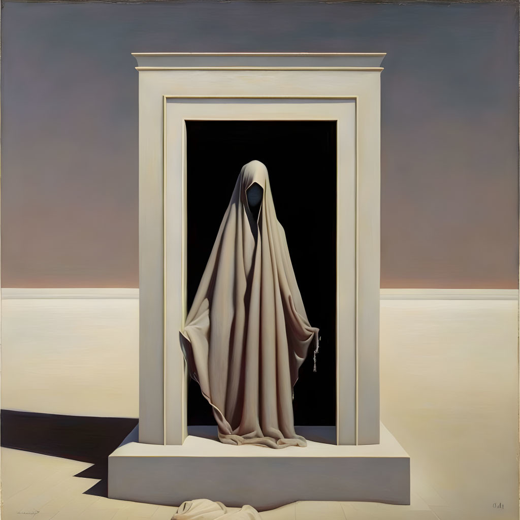 Surreal painting of draped figure in classical doorway against barren landscape