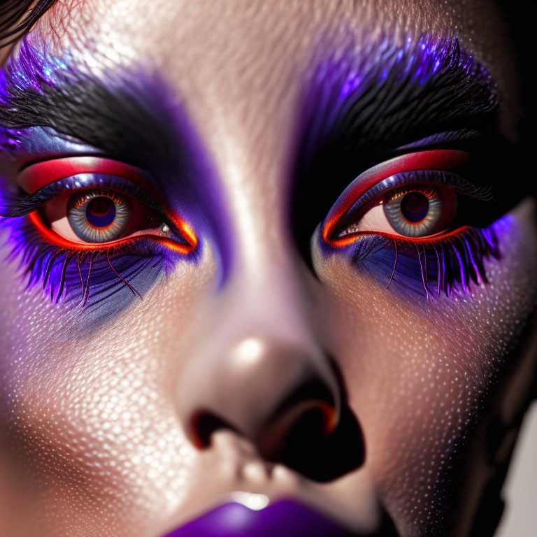 Dramatic purple and red eye makeup with dark purple lips and highlighted skin