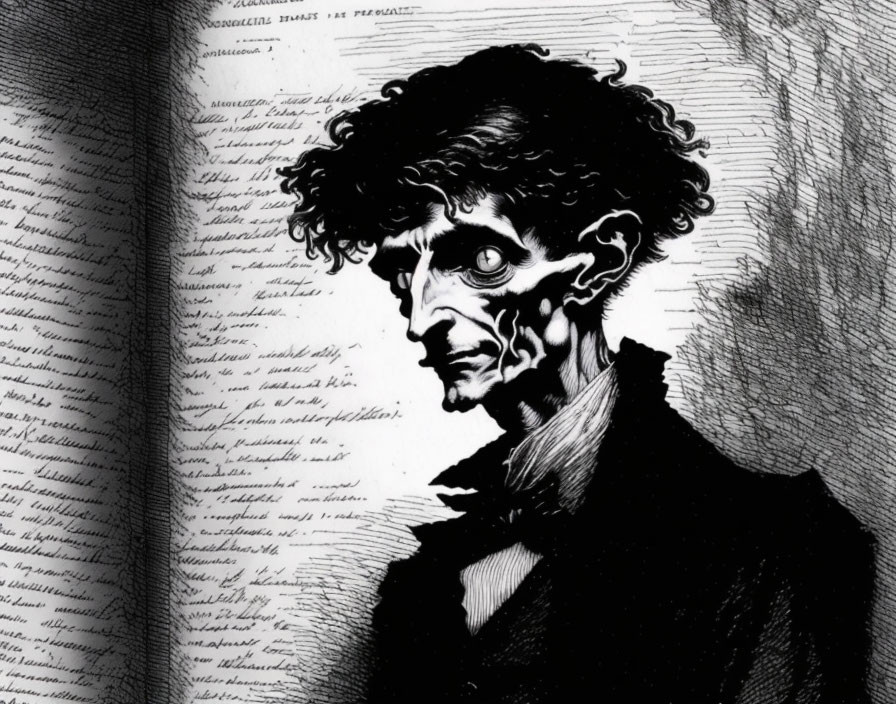 Intense man with dark hair and prominent eyes on text-filled pages.