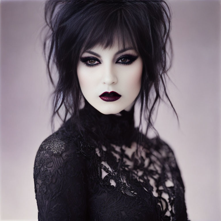 Dark Gothic Fashion Woman with Messy Black Hair and Lace Top