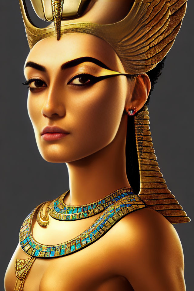 Ancient Egyptian Woman with Golden Headdress and Eye Makeup