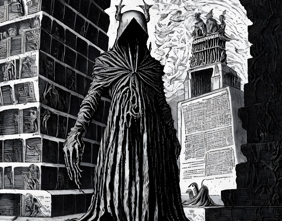 Monochrome illustration of cloaked figure in surreal library