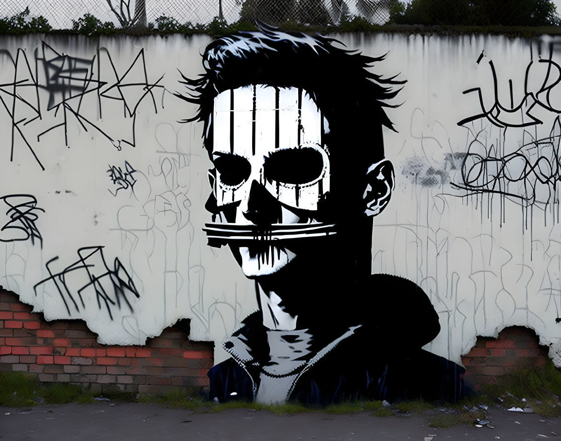 Stylized skull face graffiti artwork on wall with vibrant tones