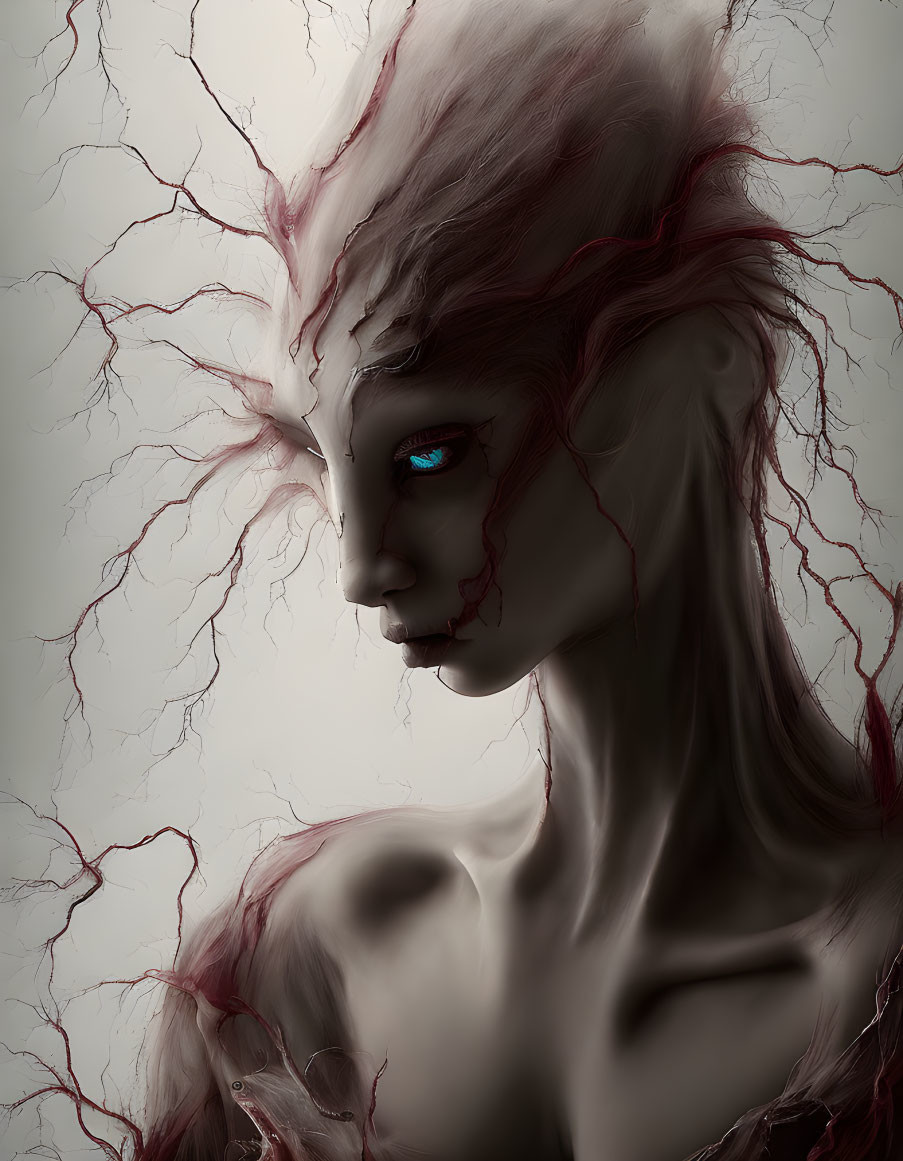 Pale-skinned being with red veins, white hair, and piercing blue eye.