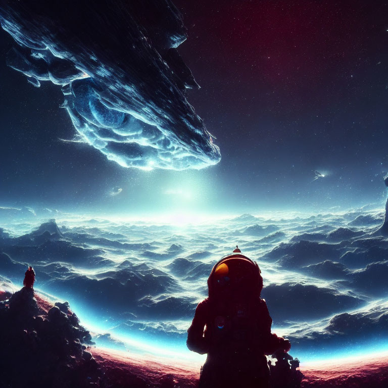 Astronaut on rocky surface gazes at sea of clouds under starry sky