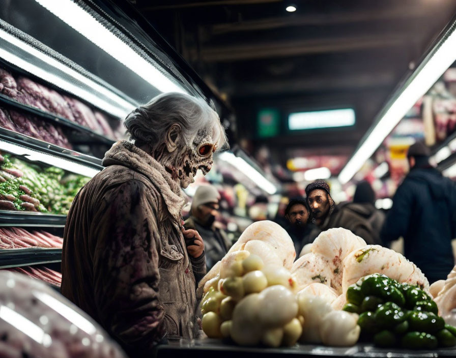 Person in zombie makeup at grocery store meat counter sparks alarmed reactions