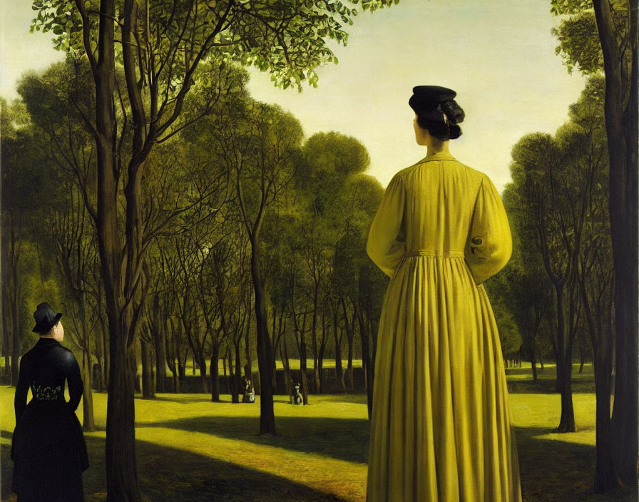 Two women in period attire in serene park with lush trees