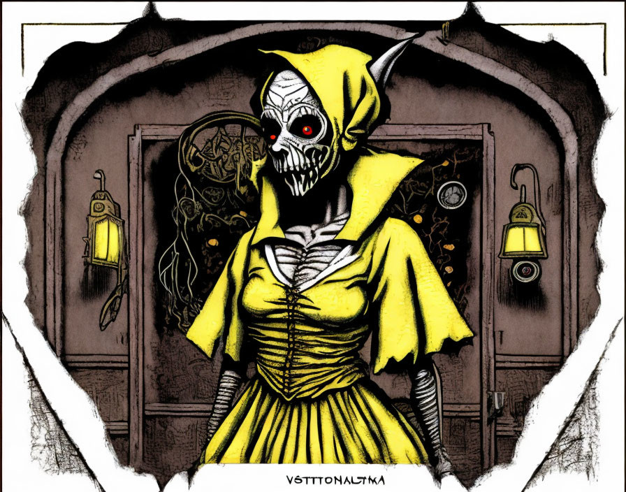 Skeletal figure in yellow dress with red eye in gothic setting