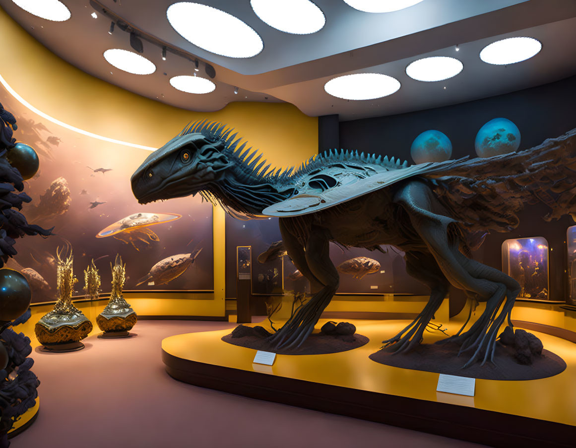 Dinosaur model in museum exhibit with ambient lighting and planetary illustrations