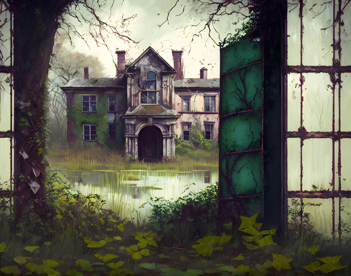 Decaying mansion viewed through rusty window frame by murky pond