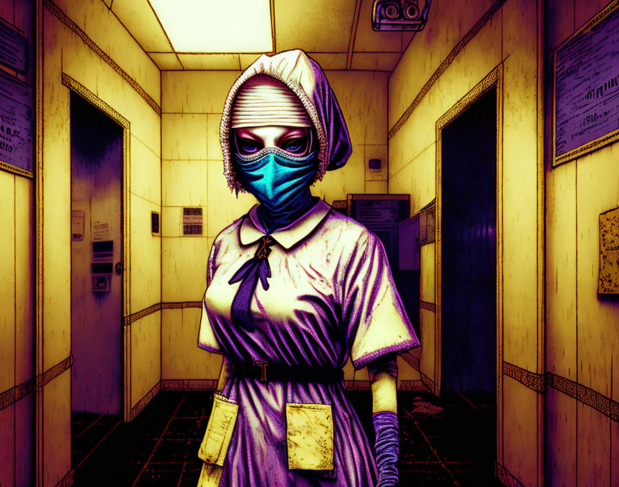 Illustration of person in vintage nurse outfit with blue-striped mask in eerie corridor