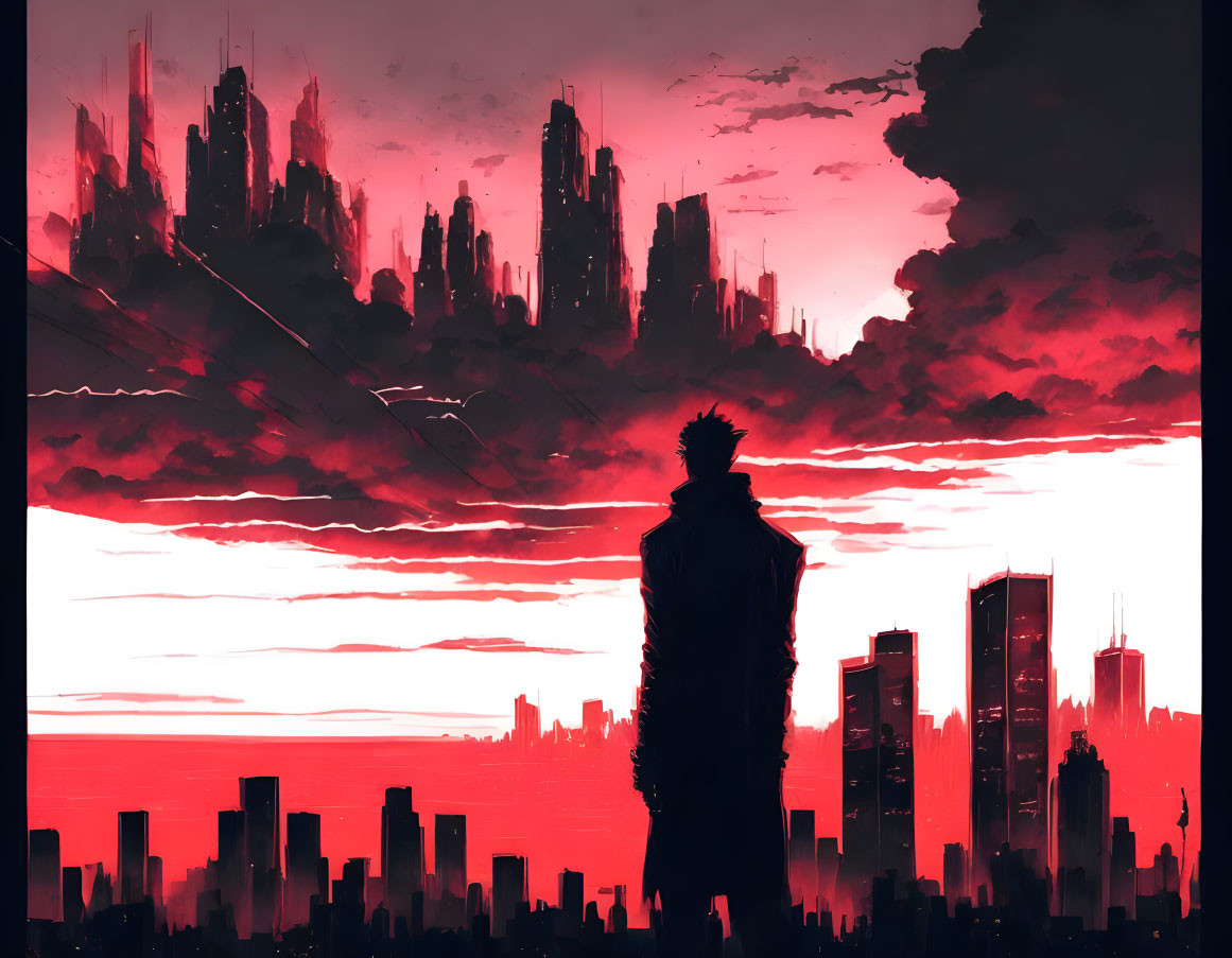 Silhouette of person against red and black futuristic cityscape