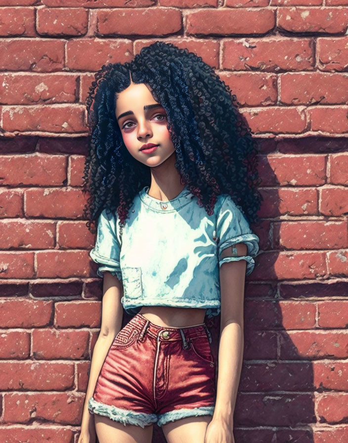 Young woman with dark curly hair in tie-dye shirt and red shorts against brick wall