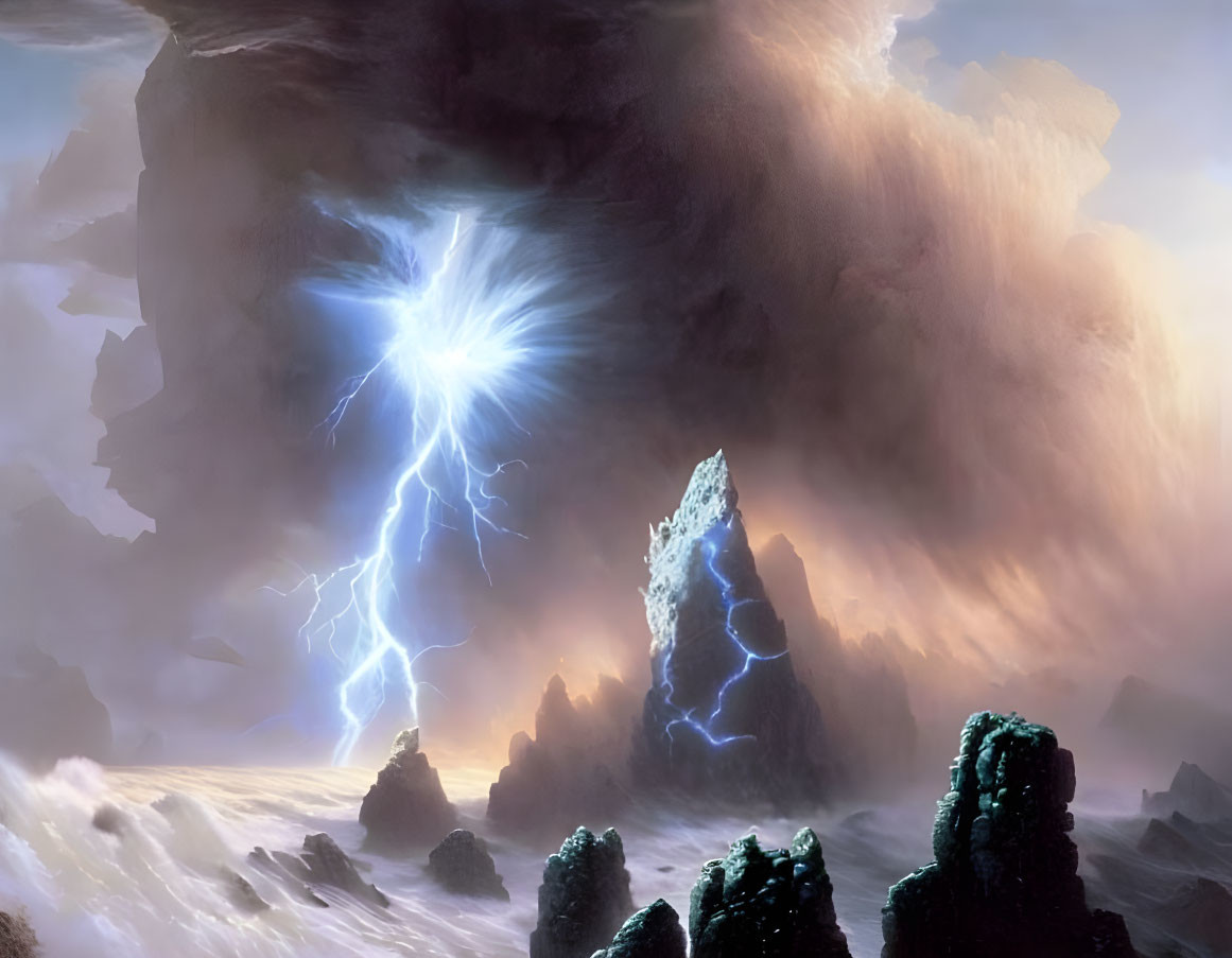 Dramatic landscape with jagged rocks and lightning strikes