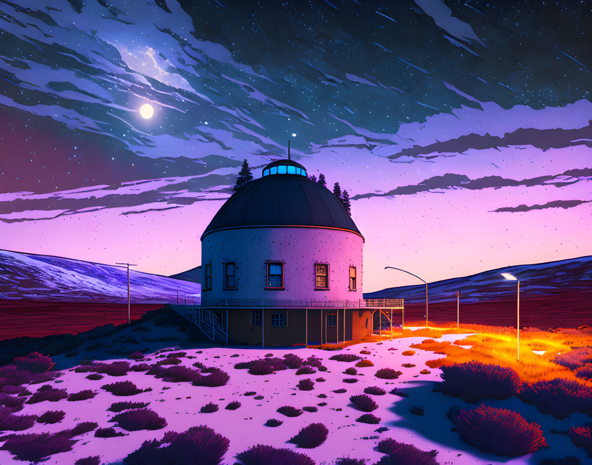 Starry sky observatory with glowing purple landscape