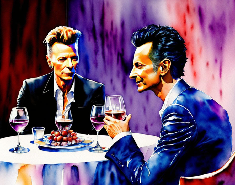 Colorful animated men chat over wine and grapes at table