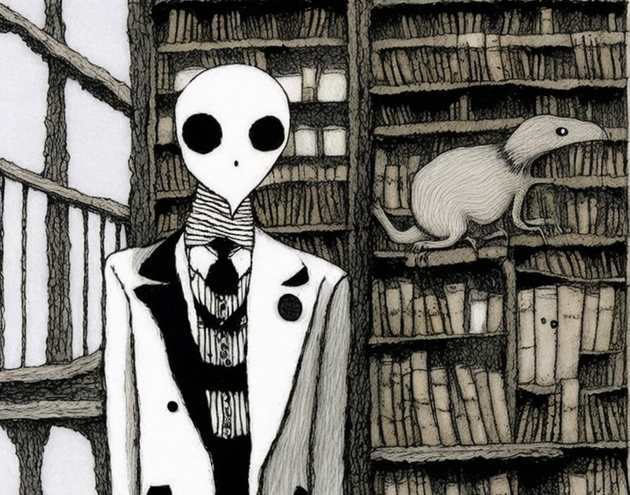 Skeleton-headed character in suit with mouse in library shelf