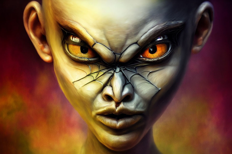 Pale-skinned humanoid creature with orange eyes and dark fissures on face.