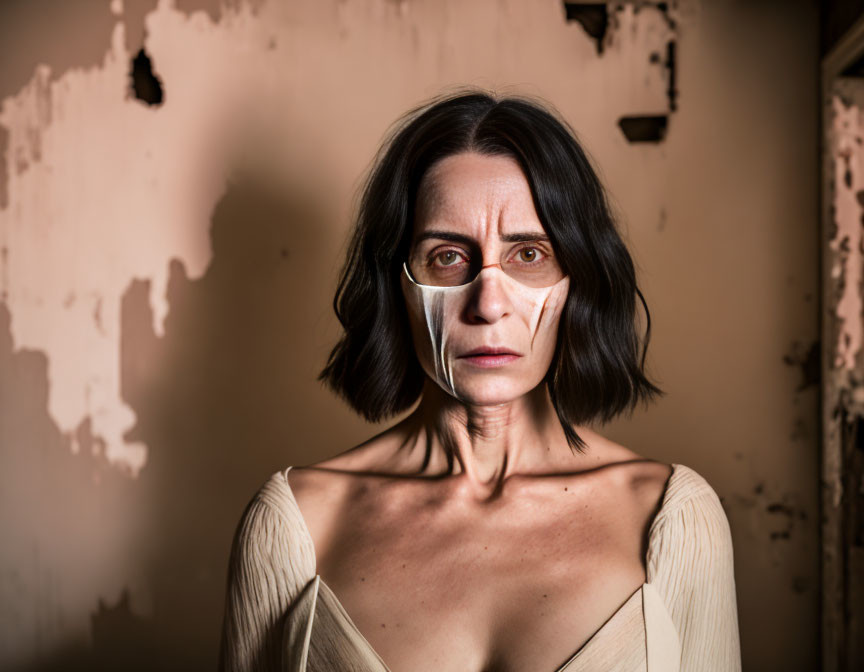 Dark-haired woman with reflective tape on face against peeling wall.