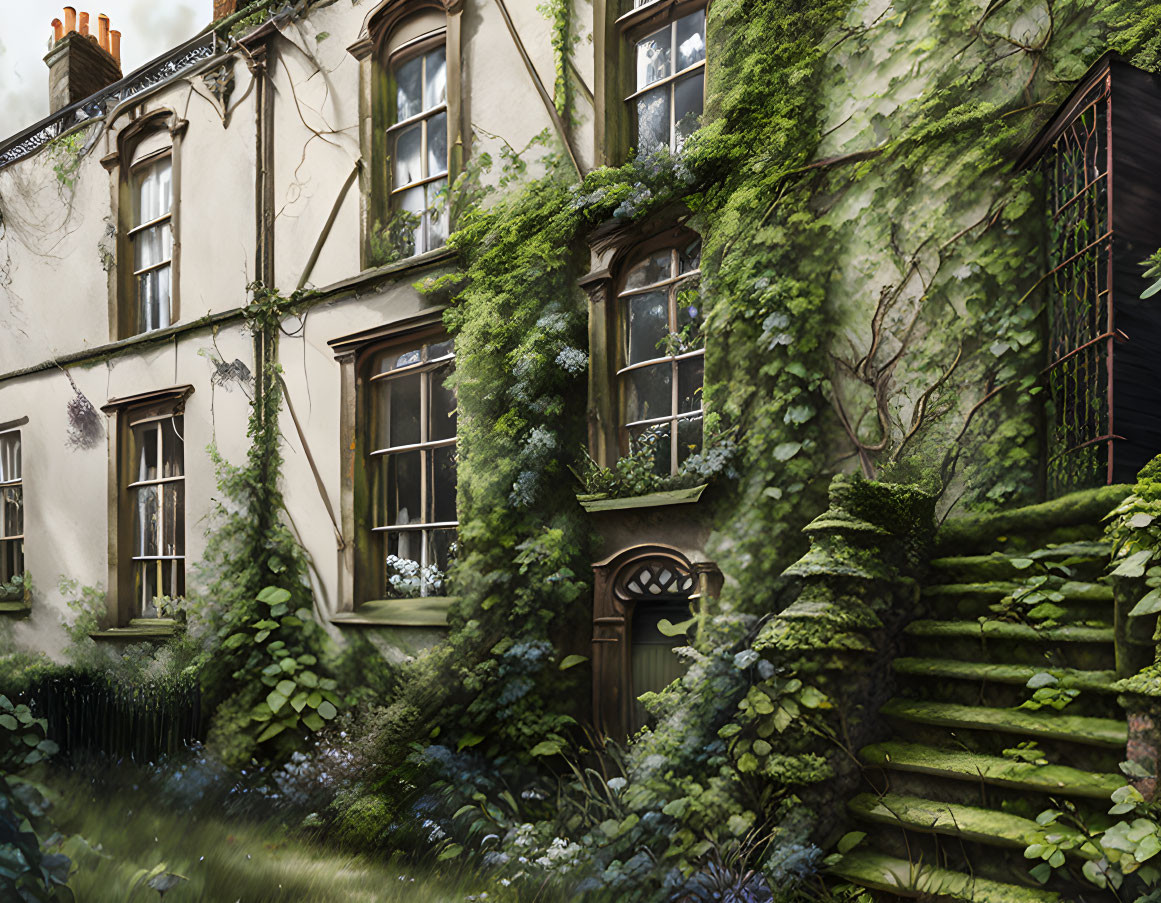 Old House Covered in Ivy with Wooden Windows and Stone Steps