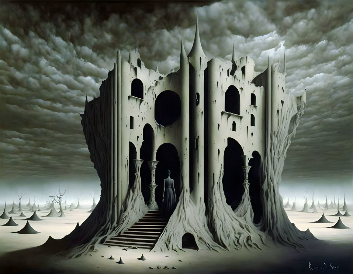 Surreal painting of gothic castle with spire-like structures