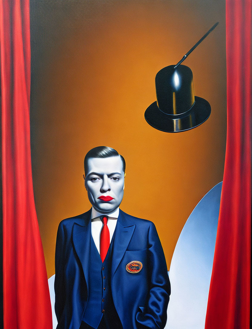 Surrealist painting of man in suit with bowler hat and apple on red curtain background