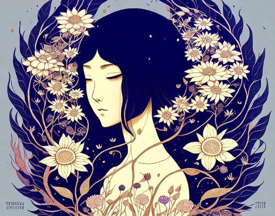 Dark-haired woman in floral and starry illustration exudes tranquil mystique