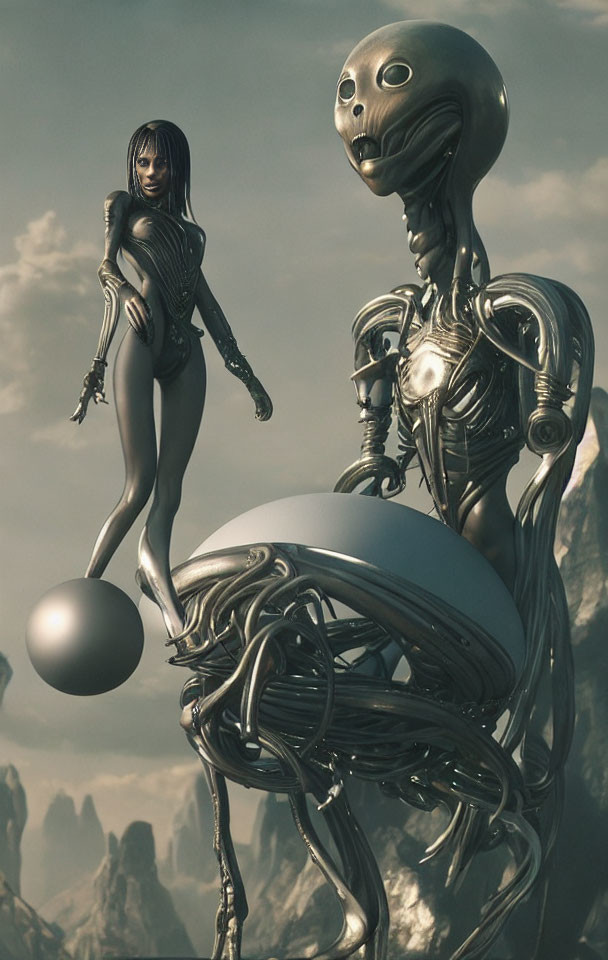 Humanoid female figure in tight suit with robotic alien and sphere in surreal landscape