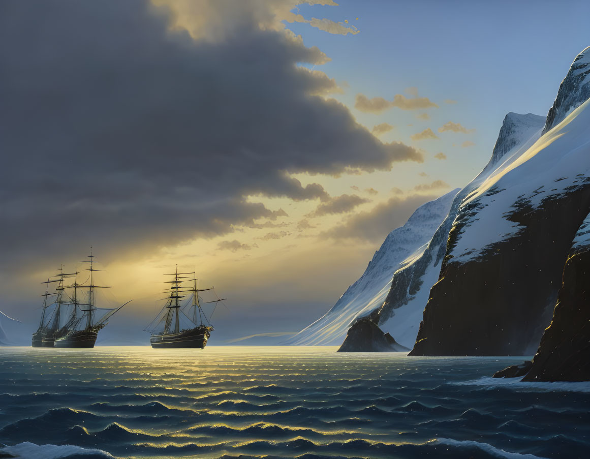 Sailing ships in icy waters between snow-covered cliffs at sunset