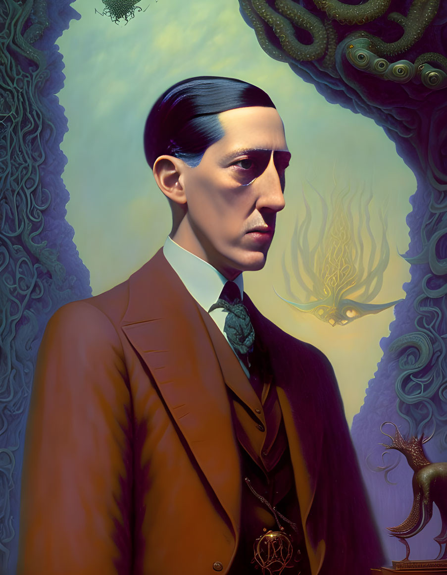 Surreal portrait of serious man in suit with tentacles and stag skull