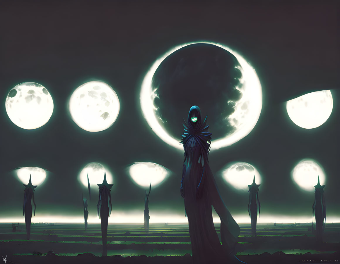 Cloaked figure surrounded by moons and silhouetted beings under green sky