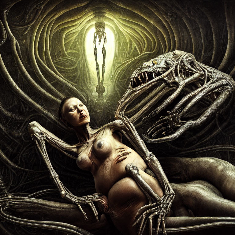 Surreal image of woman and alien in biomechanical setting