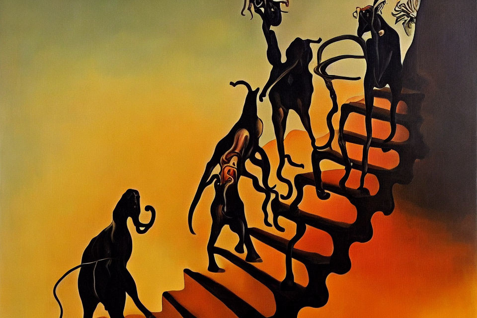 Stylized animals on spiral staircase in abstract painting