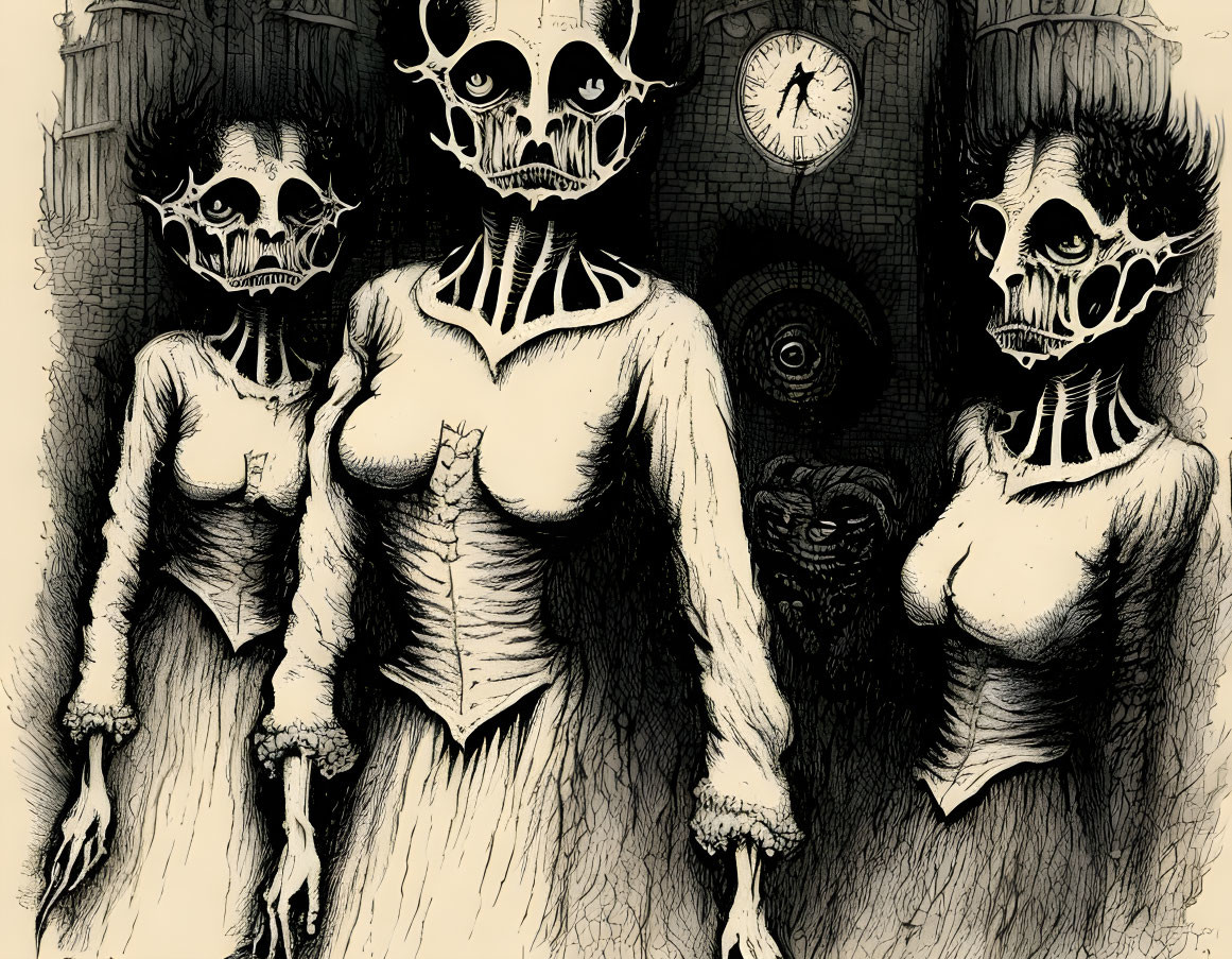 Detailed Pen and Ink Drawing: Three Skeletal Figures in Dresses with Clock and Dark Architecture